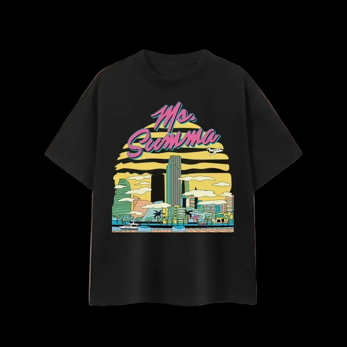 Black t-shirt with colorful graphic design and 'My Summa' text on a dark background