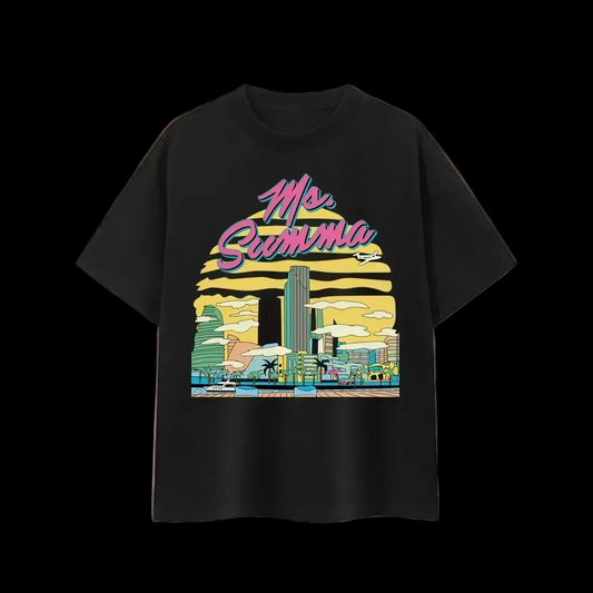 Black t-shirt with colorful graphic design and 'My Summa' text on a dark background
