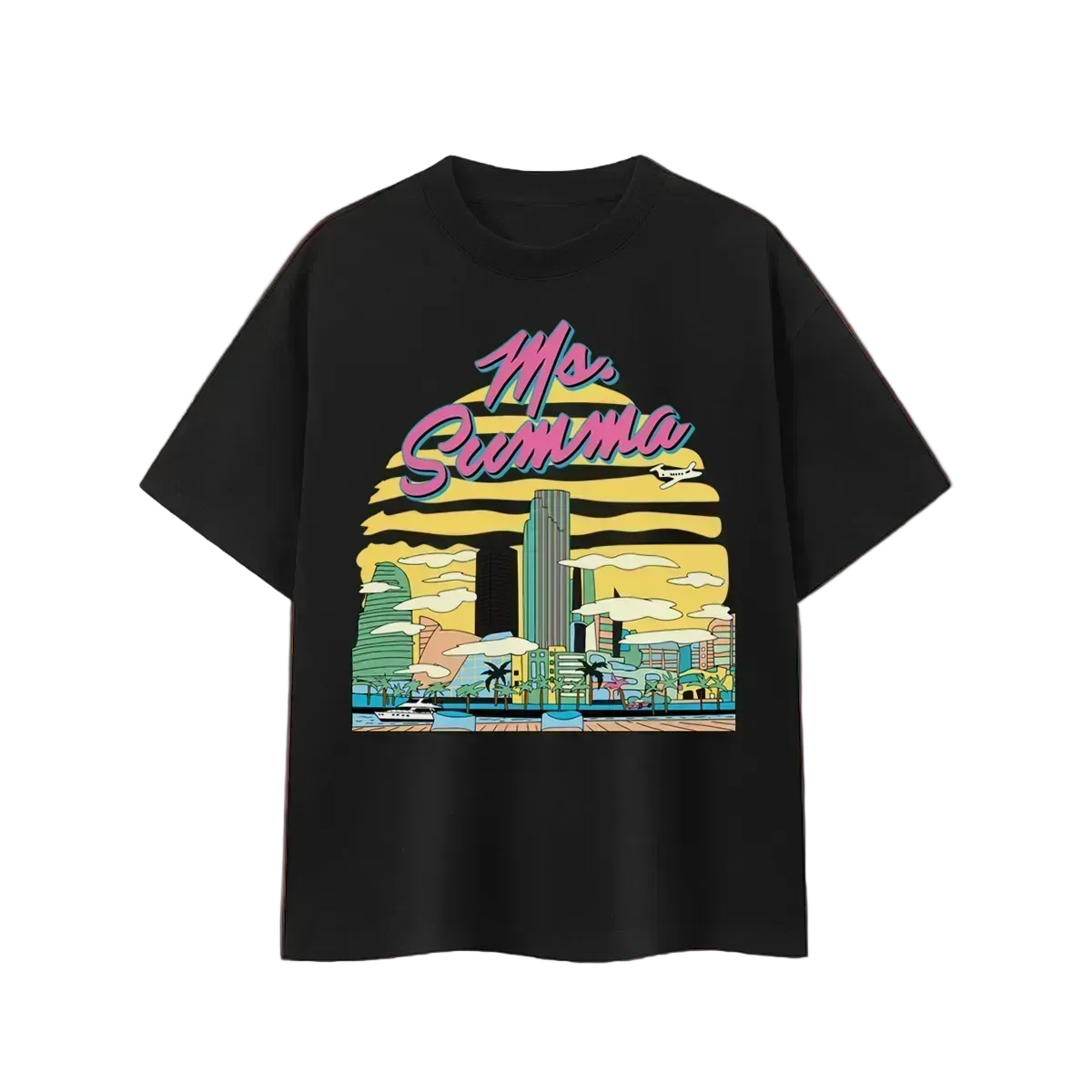 Black t-shirt with colorful graphic design and 'My Summa' text on a dark background